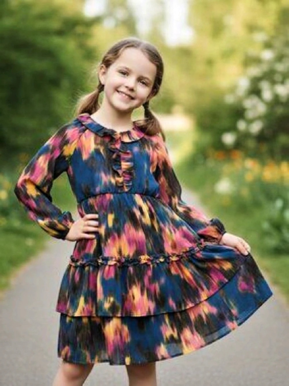 Kids' Long Sleeve Tiered Ruffle Dress